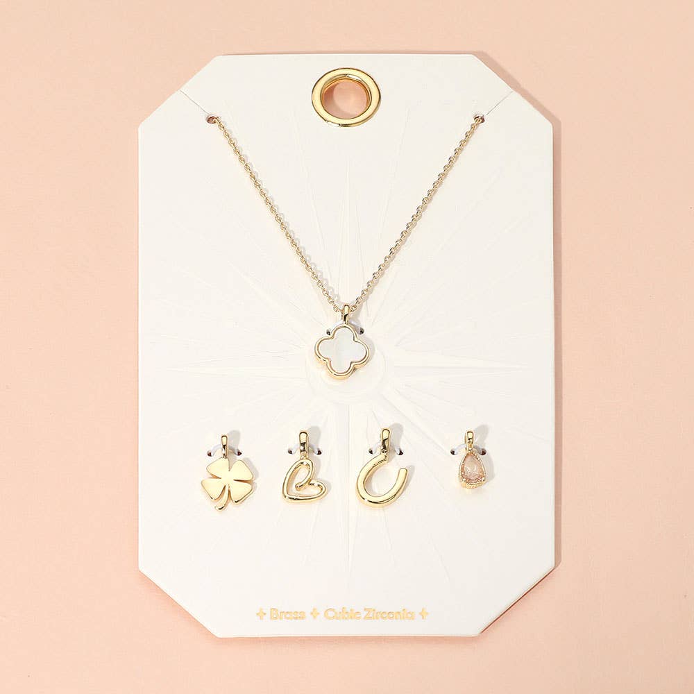 Mother of Pearl Quatrefoil Metal Clover Heart Horseshoe CZ Stone Charm Pendant Necklace