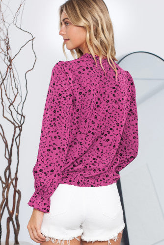 Rose Ditsy Floral Print Notch Neck Long Sleeve Boho Top