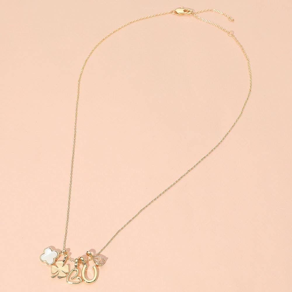 Mother of Pearl Quatrefoil Metal Clover Heart Horseshoe CZ Stone Charm Pendant Necklace