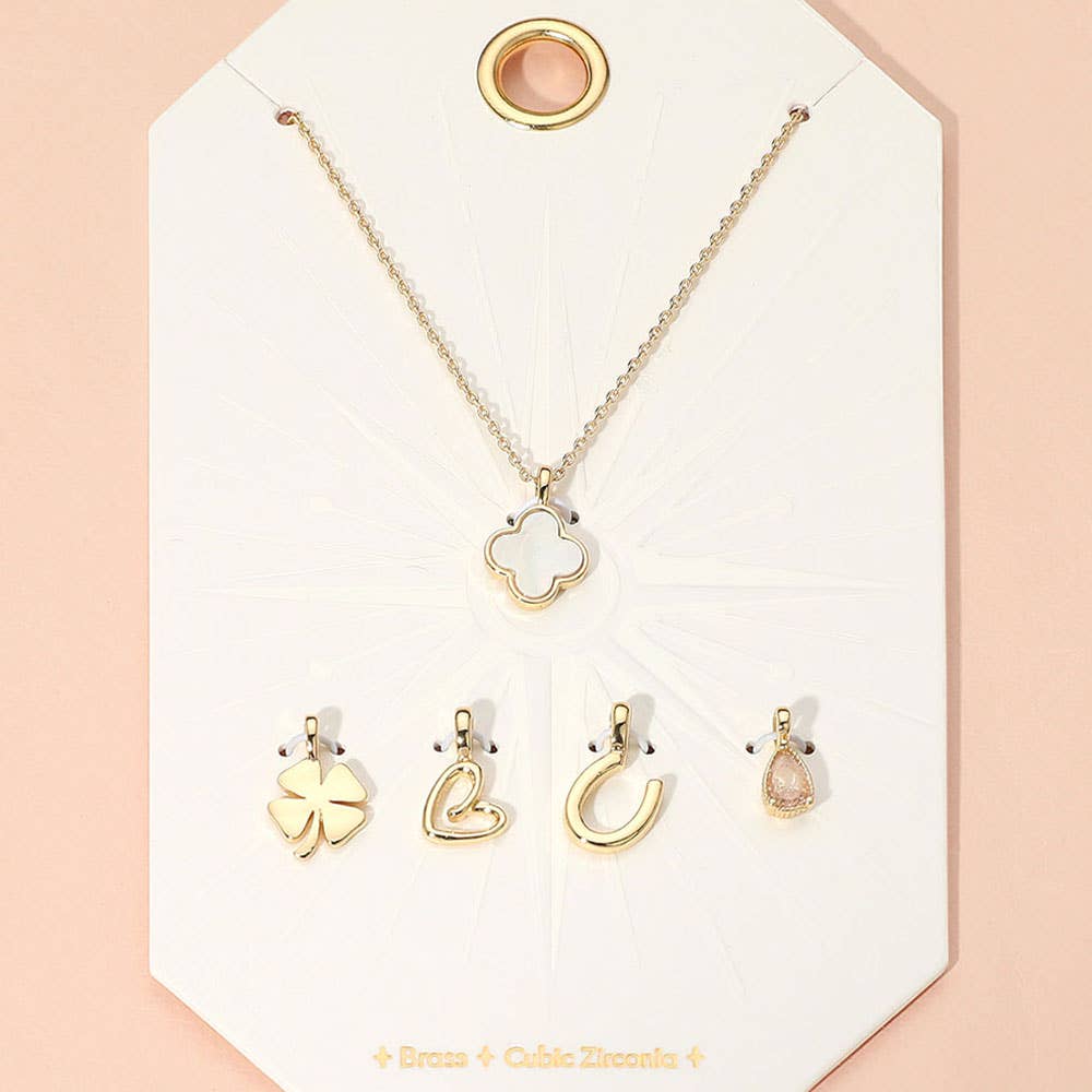 Mother of Pearl Quatrefoil Metal Clover Heart Horseshoe CZ Stone Charm Pendant Necklace