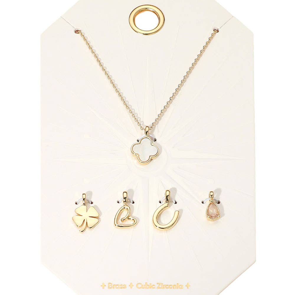 Mother of Pearl Quatrefoil Metal Clover Heart Horseshoe CZ Stone Charm Pendant Necklace