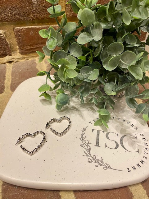 Beaded Heart Hoop Earrings - Silver