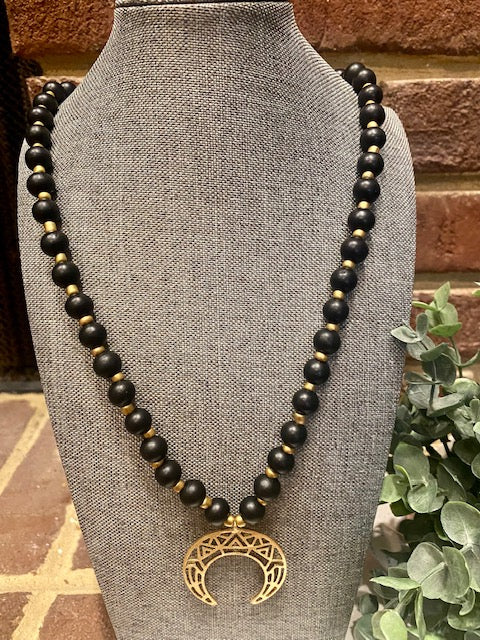 Wood Bead Crescent Necklace