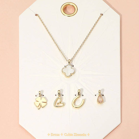 Mother of Pearl Quatrefoil Metal Clover Heart Horseshoe CZ Stone Charm Pendant Necklace