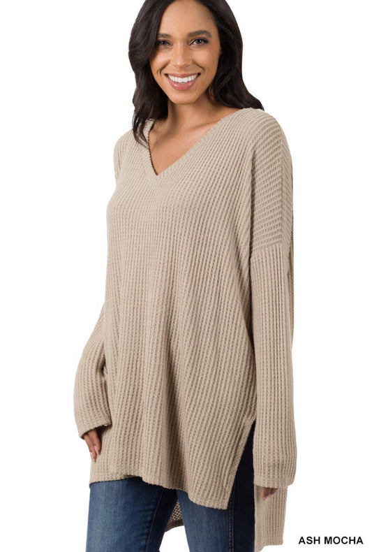 Waffle V-Neck High Low Sweater